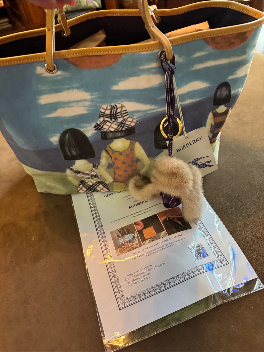Burberry RARE With COA Multicolor Printed Canvas Tote w Tan Trim and Fur Charm